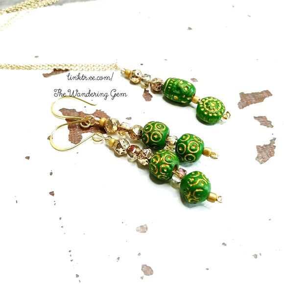 Boho Chic Necklace & Earring Set, Green & Gold, 2 Piece Jewelry Set - Picture 4 of 8